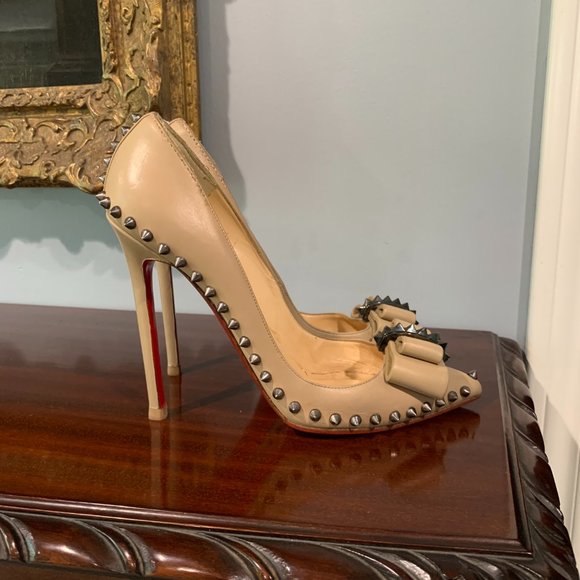Louboutin Lucifer Bow 120 Spike Pumps size 38.5 Nude Pomice - Picture 2 of 15